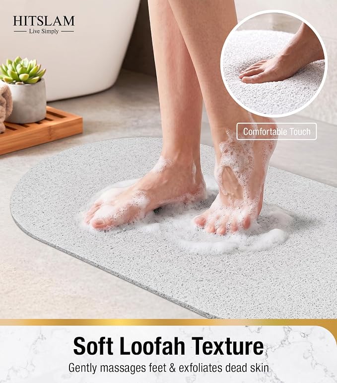 HITSLAM Oval Loofah Shower Mat Non Slip, 27x16 Inch Bath Mat for Textured Tub & Inside Shower Stall, No Suction Cups Quick Drying PVC Porous Floor Mat, Soft Foot Exfoliating Bathtub Mat, White