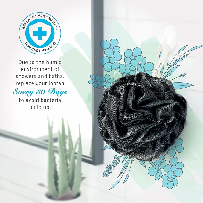Spongentle Shower Loofah Bath Sponge, Body Scrubber with Soft Mesh, Exfoliating Bath Pouf with Activated Charcoal, Bath Sponge for Women & Men, Bath Accessories for Scrubber Cleaning Tool, 60g 4 Pack