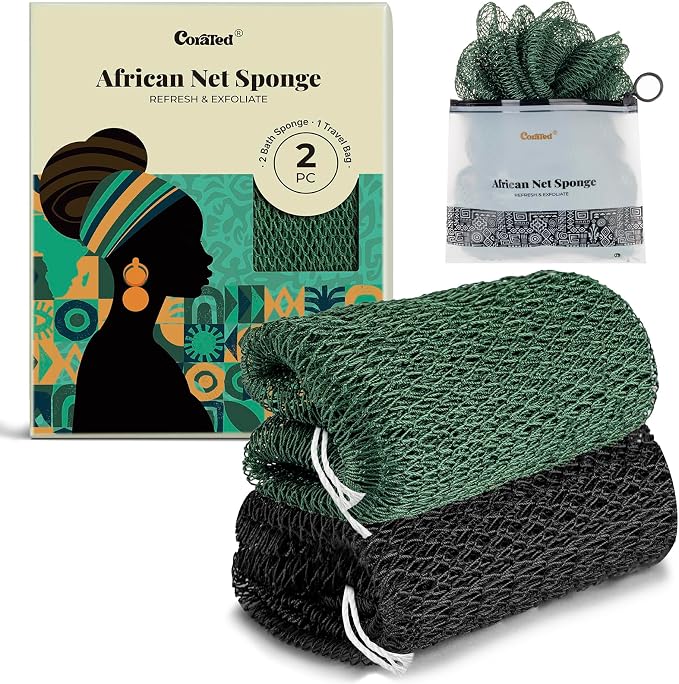 CORATED African Net Sponge Authentic with Knots, Shower Loofah Exfoliating Bath Sponge, Body Scrubber for Women and Men Daily Use Body Care, Travel Portable Bath Accessories Spa Gifts