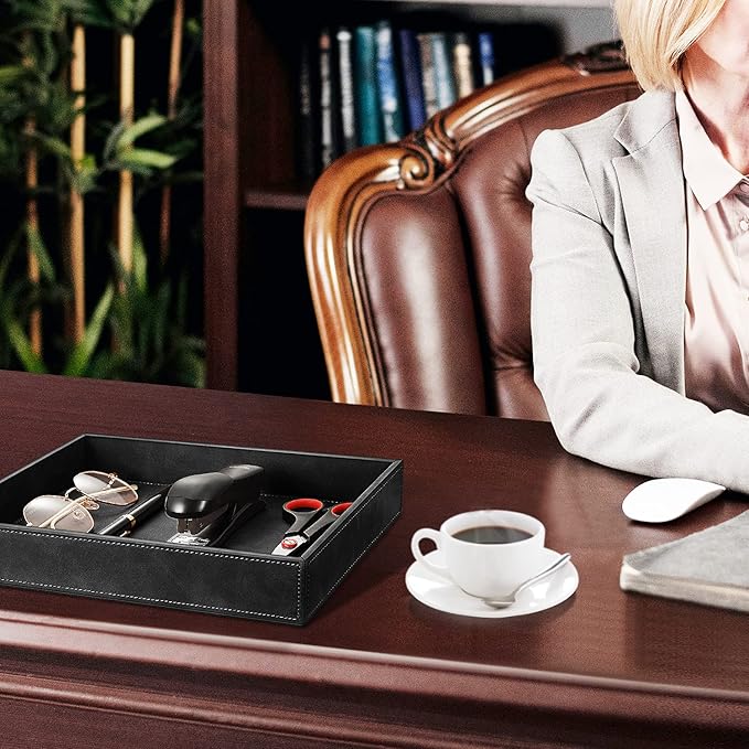 SITHON Valet Tray Desk Organizer, PU Leather Catchall Bedside Vanity Tray Nightstand Caddy Coin Box Key Jewelry Storage Organizer, Graduation, Black