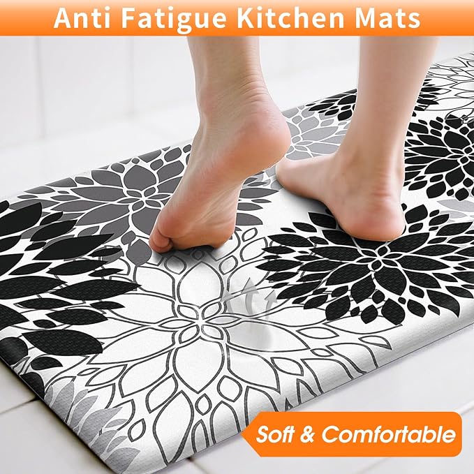 StepLively Kitchen Mats for Floor 2PCS, Anti Fatigue Mats for Kitchen Floor, Kitchen Accessories for Sink, Office, Laundry, 17.3"×30"+17.3"×47", White and Black