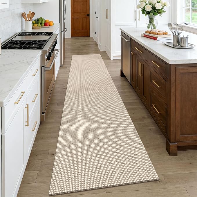 KOZYFLY Cotton Runners Rugs for Hallway 2.5'x10', Washable Runner Rug, Woven Non Slip Kitchen Runner, Braided Entryway Rug, Floor Carpet for Entry, Aisle, Hall, Ivory/Camel/Brown
