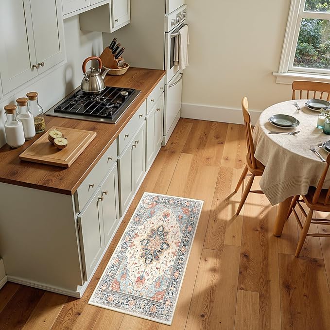 RELEANY Area Rugs Small 2'x4' Washable Non-Slip, Floral Vintage Distress Medallion Carpet for Kitchen Entryway Bathroom, Beige Navy Blue Orange Colorful