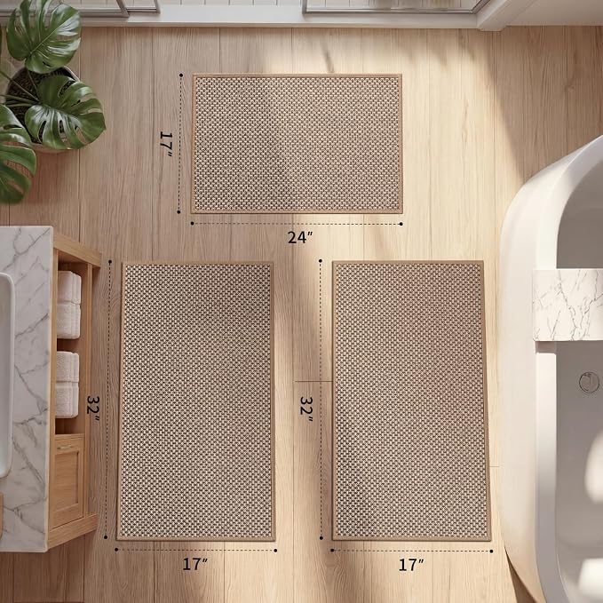 YIHOUSE Thin Bath Mat Khaki Bathroom Rugs Sets 3 Pieces, Non Slip Absorbent Bath Mats Quick Dry, Woven Braided Rugs Washable,Tapetes para Baño for Bathroom,Bathtub(17"x24"+17"x32"+17"x32")