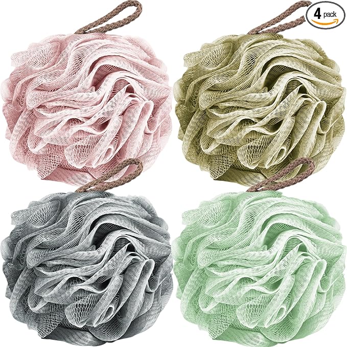 Fu Store Loofah Sponge Shower Loofahs 50g Bath Sponges Mesh Balls 4 Colors for Body Scrubber Exfoliator Wash Back Scrubbers Bathroom Men Women - 4 Pack Cleaning Bathing Accessories