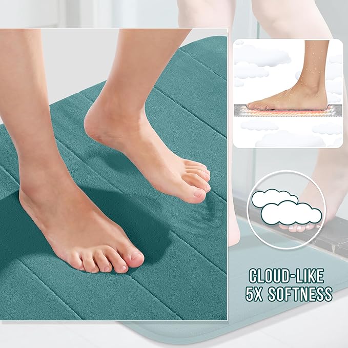 Yimobra 3 Pieces Memory Foam Bath Mat Set with U-Shaped Toilet Rug - Non Slip Super Soft Absorbent Quick Dry Bathroom Rugs for Bathtub, Vanity & Toilet Base, Teal
