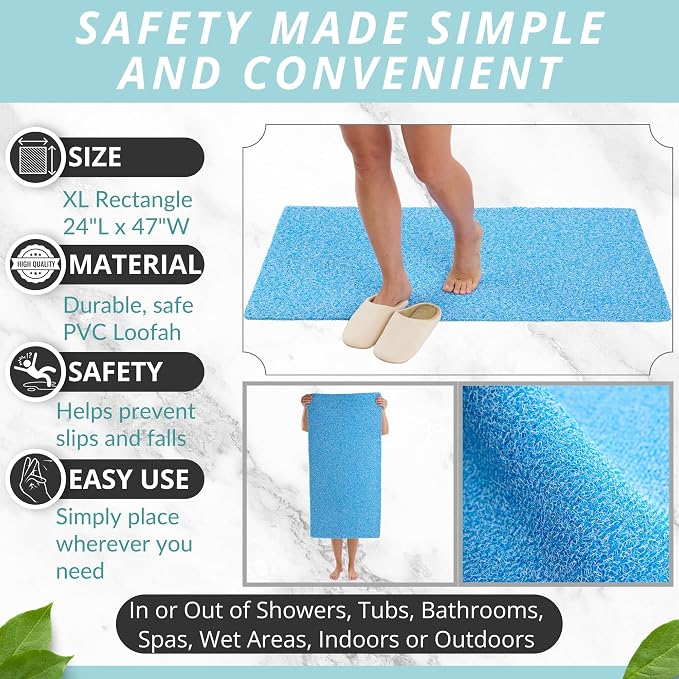 Shower Mat Non Slip - PVC Loofah Inside or Outside Showers, Bathtubs, Bathrooms, and Wet Areas - Safe for Textured Tiled and Smooth Floor - No Suction Cups Secure Anti Slip (Aqua Blue 24 x 47)