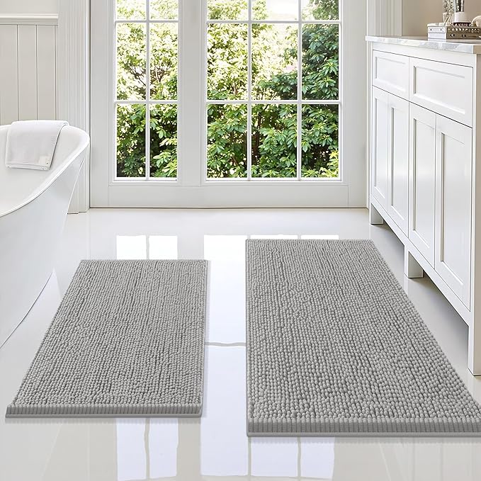 Smiry Bathroom Rugs Sets 2 Piece, Soft Absorbent Chenille Machine Washable Non Slip Shaggy Bath Rug Set for Tub, Shower, and Floor (36x24+30x20, Light Grey)