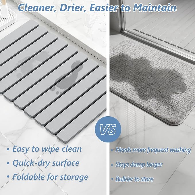 AWW Foldable Stone Bath Mat, Quick Dry Diatomaceous Earth Bath Mat with Non-Slip Mat, Super Absorbent, Easy to Clean, Compact for Small Bathrooms, 23.6 x 15.5, Light Grey