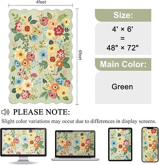 DUKINO 4x6 Area Rug, Floral Non-Slip Indoor Washable Rug with Low Pile & Non-Shedding, Lightwight Boho Design Carpet for Entryway, Bedroom, Kids Room, Living Room, Kitchen, Green