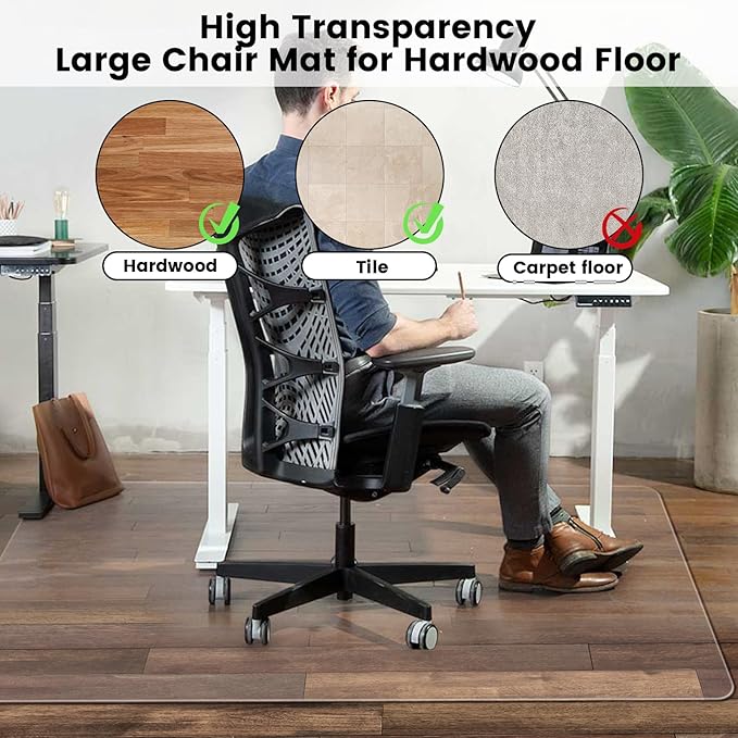 Office Chair Mat for Hardwood Floor: 63"x 51" Extra Large Floor Mat for Rolling Chair and Computer Desk, Clear Chair Mat Heavy Duty Plastic Protector for L Desk, Home, Gaming Easy Glide