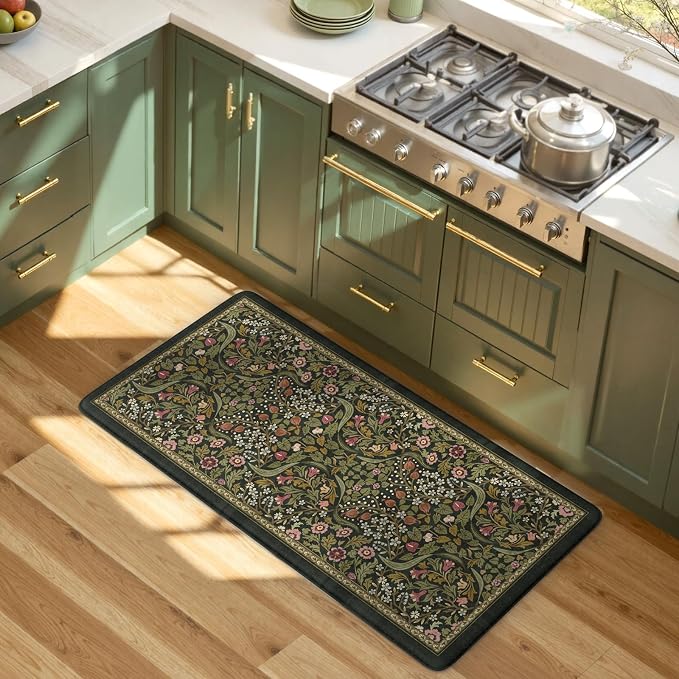 Collive Kitchen Mats for Floor, Cushioned Anti Fatigue Mat Non Slip Waterproof Kitchens Sink Rug, Green Vintage Floral Rugs Comfort Standing Mat for Laundry, Desk, Bar, Office, 20"x39"