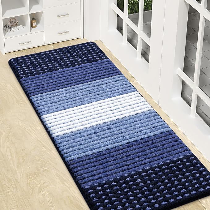 Kitinjoy Indoor Outdoor Door Mat, 47x17 Non-Slip Absorbent Dirt Trapper, Low-Profile Washable Inside Entrance Front Floor Mat, Sturdy Soft Entry Dotted Ombre Doormats for Entryway, Navy Blue