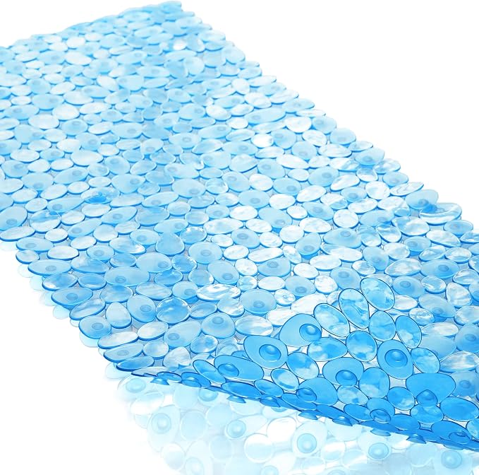 TEESHLY Bath Tub and Shower Mats, Non-Slip Pebble Bath Mat, 35 x 16 Inches Machine Washable Bathtub Mat with Drain Holes, Suction Cups for Bathroom (Clear Blue)