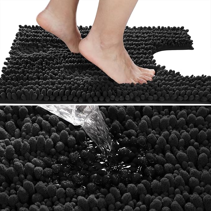 Yimobra Toilet Rug U Shaped Washable 24x24 Inch - Ultra Soft Absorbent Chenille Bath Rugs for Toilet, Quick Dry & Machine Washable, Non Slip Contour Bathroom Mat, Black