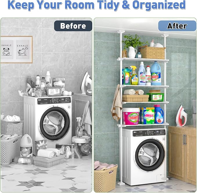SUNALLY Over The Toilet Storage Shelf, 4-Tier Adjustable Over Toilet Bathroom Organizer,Tension-Mounted Bathroom Storage Rack for Ceilings, No Drill Space-Saving Shelving for Small Rooms,White