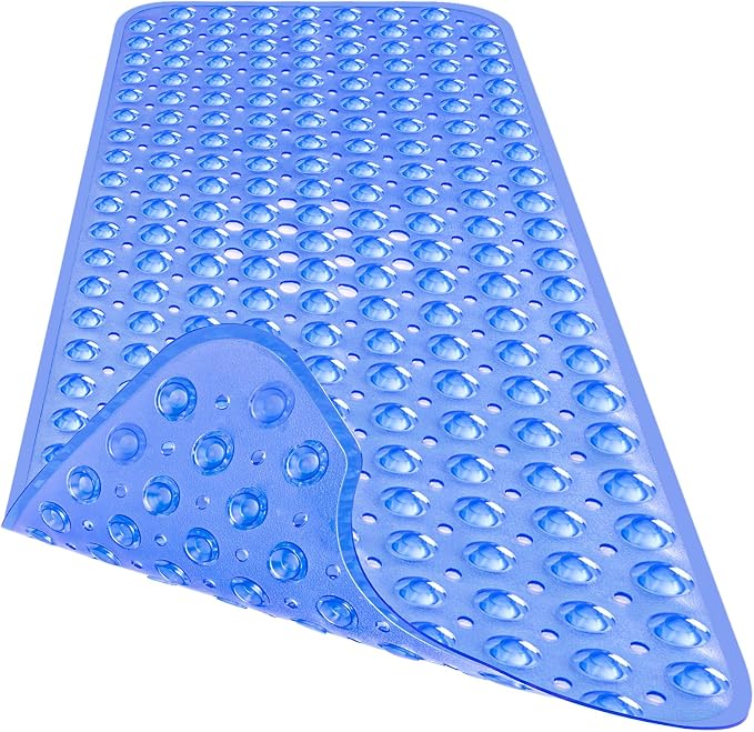 Extra Long Bathtub Mat Non Slip, Clear Navy Blue Soft Bath Mat for Tub 40 x 16 Inch Full Size, Long Shower Mats for Bathroom Floor, Big Suction Cups and Drain Holes, Easy Washable, BPA Free