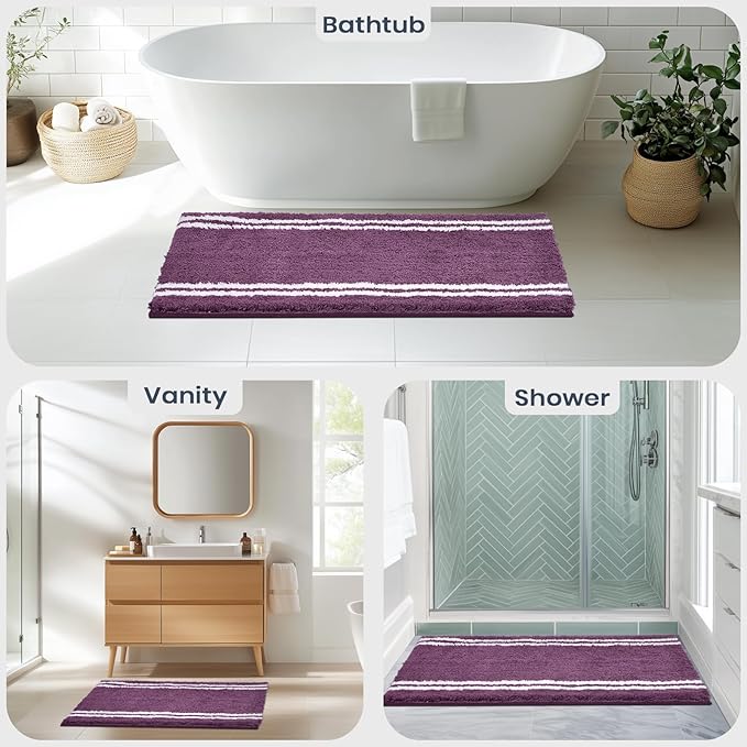 PURRUGS Bathroom Rug Non-Slip Machine Washable 20" x 30", Super Absorbent and Quick Dry Shaggy Microfiber Bath Mat, Extra Soft and Plush Bath Rug for Bathtub, Shower, and Sink, Purple