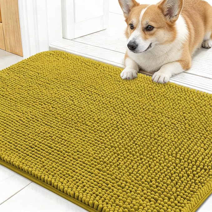 OLANLY Dog Door Mat for Muddy Paws 24x16, Absorbs Moisture and Dirt, Absorbent Non-Slip Washable Doormat, Quick Dry Chenille Mud Mat, Entry Indoor Entryway Carpet for Inside Floor, Mustard Yellow