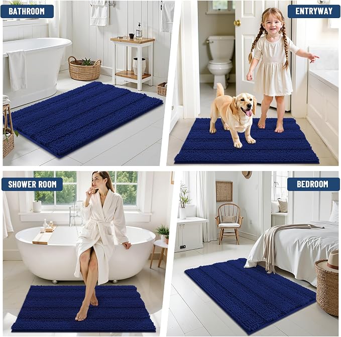 Grandaily Chenille Striped Bathroom Rugs 24x16, Extra Thick and Soft Absorbent Bath Mats, Rubber Backing, Plush Shaggy Shower Carpet, Machine Wash Dry, Bath Rug for Bathroom, Navy Blue