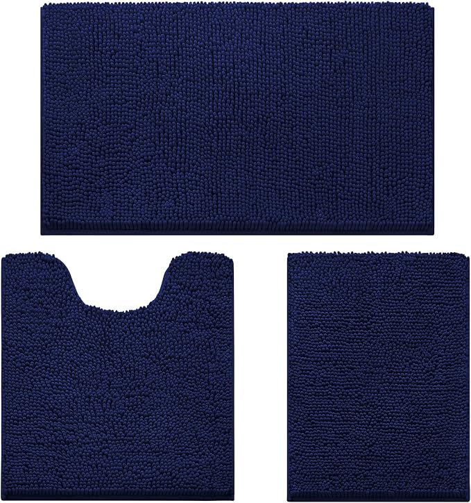 HOMEIDEAS 3 Pieces Bathroom Rugs, Ultra Soft Non Slip Absorbent Chenille Toilet Bath Mat Set (Navy Blue)