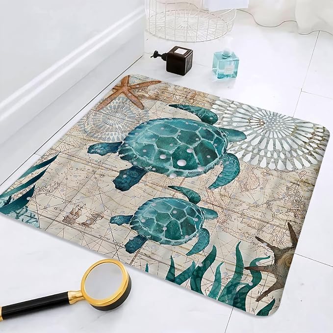 Sea Turtle Square Anti Slip Shower Mats for Inside Shower Accessories, Cute Bath Mats for Bathroom Non Slip Shower Floor Mat Decor Rubber Bathmat With Suction and Drain Holes Machine Washable, 21″X21″