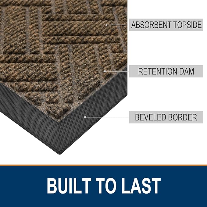 OLANLY Indoor Outdoor Mat, Sturdy Natural Rubber Floor Mat, Non Slip Low Profile Waterproof Doormat, and Stain Front Door Mats, Easy Clean Patio Entrance Mat, 36''x24'', Brown