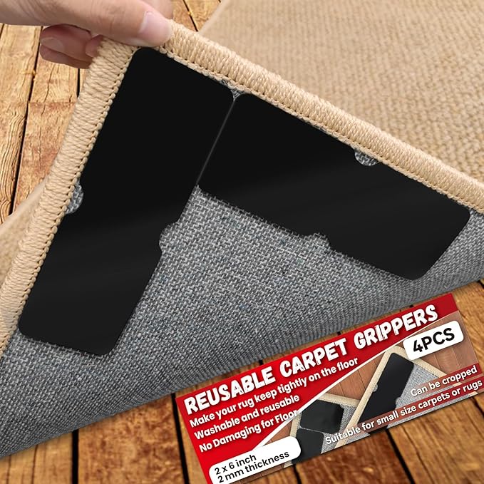 Rug Non Slip Grippers, Reusable Rug Tape, No Damaging for Hardwood Floors and Tiles, Carpet Grippers Stickers Pads for Area Rugs Corners Flat, 4Pcs