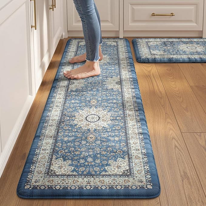Collive Boho Kitchen Mat, Cushioned Anti Fatigue Kitchen Rug Set 2 Piece Non-Skid Waterproof Kitchen Mats for Floor, Comfort Heavy Duty Standing Mat for Kitchen, Laundry, Office, Desk