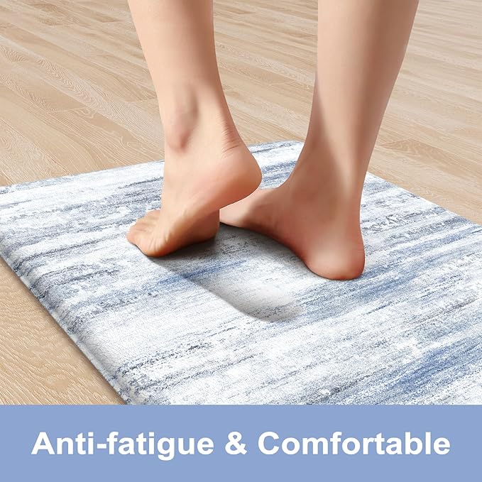 KIMODE Anti Fatigue Kitchen Mats 17"x47"+17"x29", Abstract Kitchen Rugs Sets of 2, Non Slip Kitchen Mats for Floor, Cushioned Comfort Standing Mats for Sink, Laundry, Office, Desk Multi-Blue