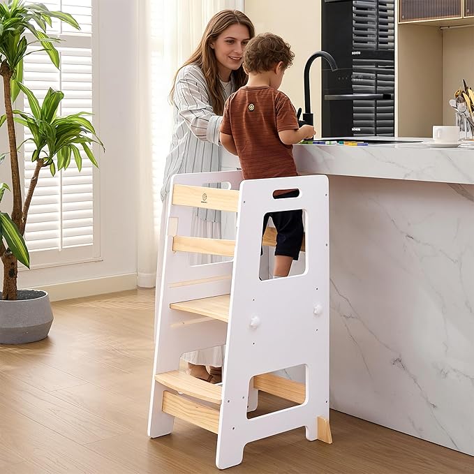 WOOD CITY Kitchen Step Stool - Safe Montessori Standing Tower for Kids with Safety Rail, Height Adjustable Toddler Ideal Helper for Learning New Skills, Anti-Slip Protection for Bathroom - White