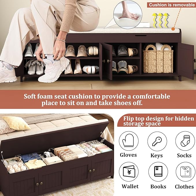 HOMEFORT 54.4" Shoe Bench with Lift Top Storage, Entryway Bench with Cushioned Seat, Wooden End of Bed Bench, Shoe Cabinet Bench with Hidden Storage Space, for Bedroom, Hallway,Espresso