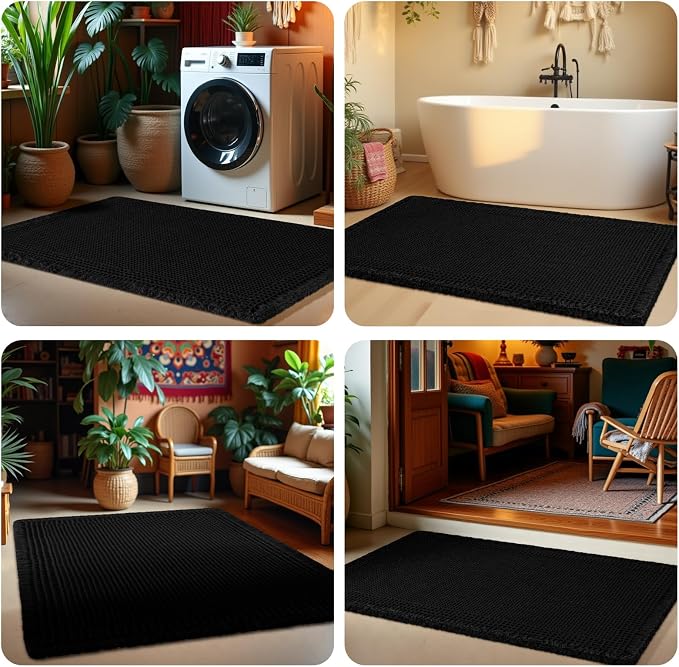 Upgrade Waffle Bath Mat Set 3 Piece, Boho Bathroom Rugs Absorbent Non Slip, Ultra Soft Bathroom Mat, Machine Washable Knit Bath Rugs with Border for Bathroom, Bedroom, Kitchen, Shower, Tub, Black