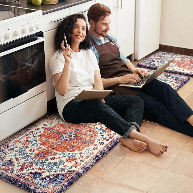 KIMODE Anti Fatigue Kitchen Mat, Boho Distressed Kitchen Rugs Sets of 2, Kitchen Floor Mats Non Slip Cushioned, Waterproof Standing Mat for Laundry, Office, Sink, Desk, Orange/Purple