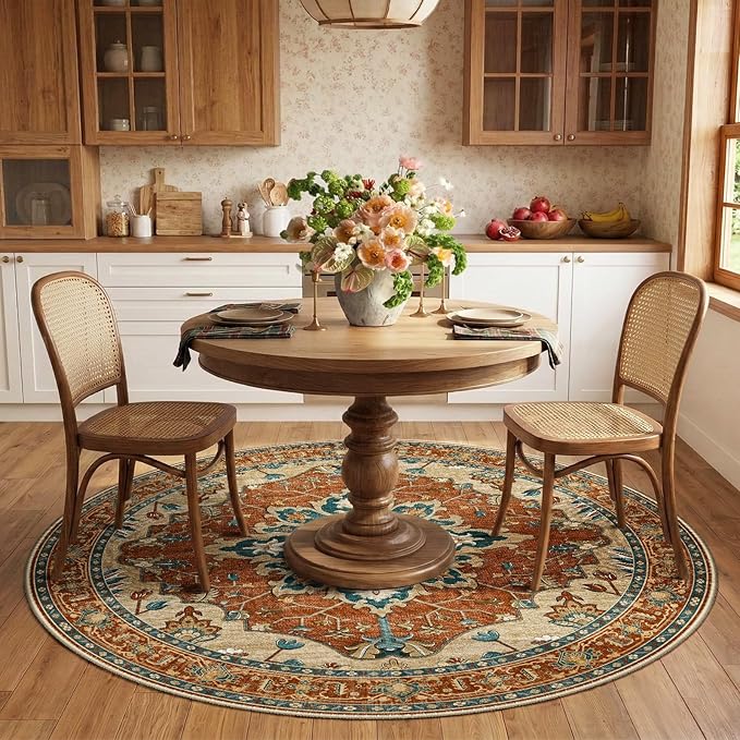 RELEANY Area Rugs Round 6ft Washable Non-Slip, Floral Vintage Distress Medallion Carpet for Living Room Bedroom Dining Room, Red Orange Blue Brown