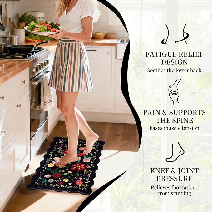 Kitchen Rugs Set of 3, Black Vintage Floral Scalloped Anti Fatigue Mats, Cushioned Non Slip PVC Floor Rugs, Comfort Standing Kitchen Floor Mats for Sink Laundry Office Home, 18x30, 18x48,18x60 Inch