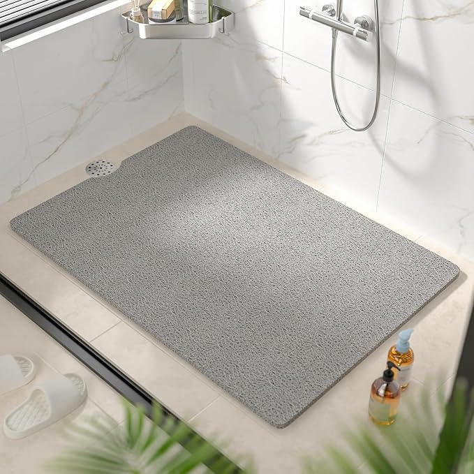 HITSLAM Non Slip Bathtub Mat 40 x 28 Inch, Extra Long Bath Mat for Tub, Soft PVC Loofah Shower Floor Mat with Drain, Quick Drying Bathroom Tub Mat for Wet Area, Without Suction Cup, Grey