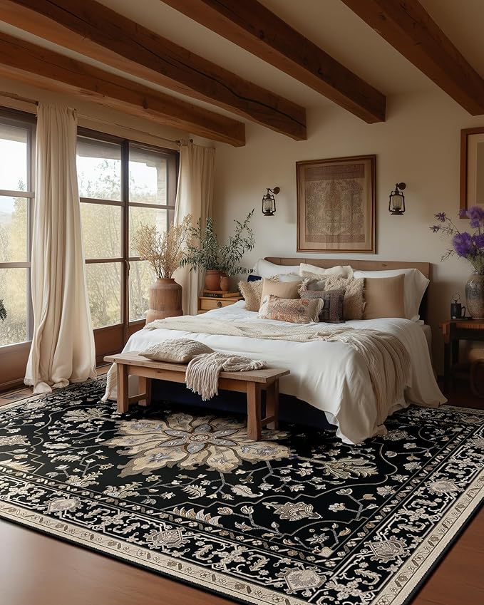 RELEANY Area Rugs Large 10'x14' Washable Non-Slip, Floral Vintage Distress Medallion Carpet for Living Room Bedroom Dining Room, Black Brown Neutral Dark Tan