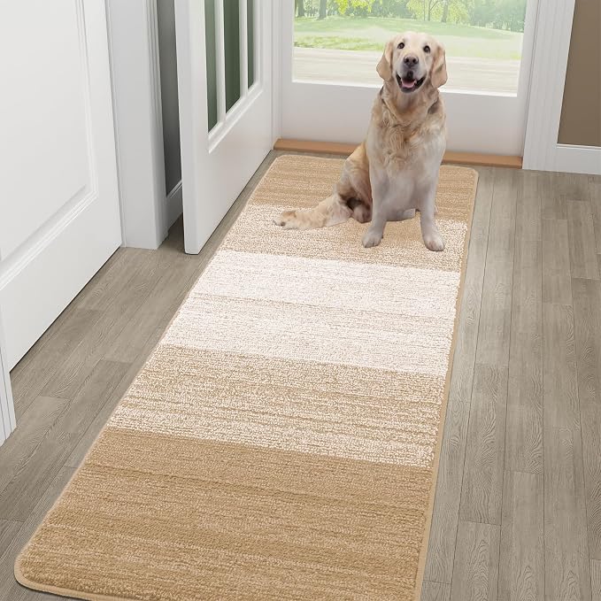 Kitinjoy Indoor Outdoor Door Mat, 59x20 Non-Slip Absorbent Dirt Trapper, Low-Profile Washable Inside Entrance Front Floor Mat, Sturdy Soft Entry Doormats for Entryway, Beige