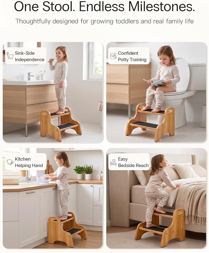 StrongTek Wooden 2-Step Stool for Kids, Non-Slip Surface with Handles, 350 lb Capacity, Toddler Step Stool for Bathroom, Kitchen and Bedroom (Natural)