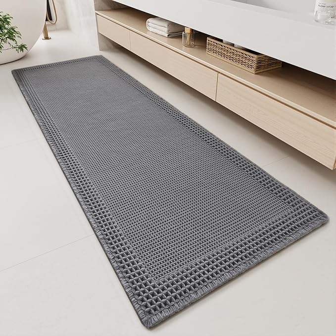 RESARE Waffle Bathroom Runner Rugs, Super Absorbent Bath Mat Non Slip Washable Quick Dry, Upgraded Ultra Soft Boho Bath Rugs with Tassels, Farmhouse Home Decor Accessories, 2'x6'(24"x72") Dark Grey