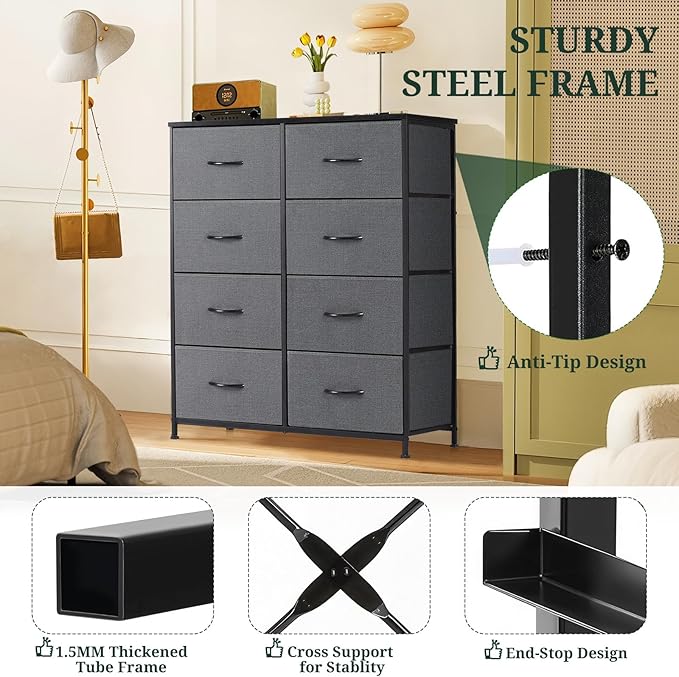 8-Drawer Dresser for Bedroom, Anti-Tip Tall Storage Organizer Chest of Drawers with Wooden Top and Metal Frame Fabric Bins for Closet, Living Room, Hallway, Entryway, Gray