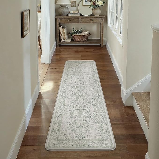 PureCozy Kitchen Mats 2PCS Anti Fatigue Cushioned Mat Light Green Vintage Kitchen Mats for Floor Waterproof Non Slip Comfort Standing Retro Floral Rug for Sink Laundry Office 17.3"x59"+17.3"x30"