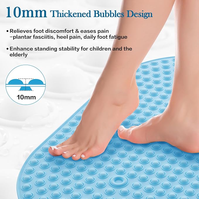Blue Bath Mat for Tub Non Slip 27x15 - Cushioned Silicone Bubble Pop It Bathtub Mat for Soaking, Anti Skid Shower Mat with Suction Cups, Spa Relaxation, Ocean Color