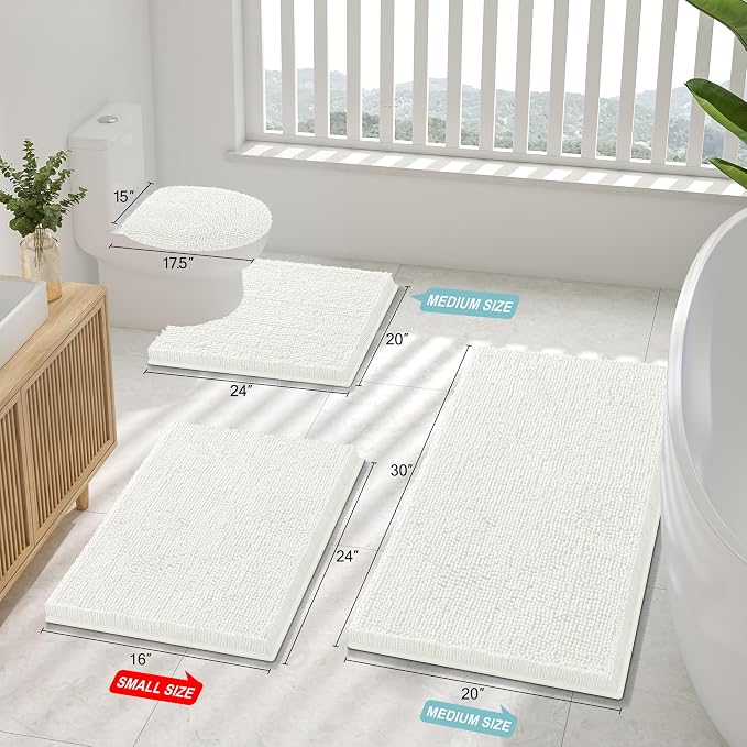 Smiry Luxury Chenille Toilet Rugs U-Shaped 24x20, Soft Absorbent Non-Slip Contour Bathroom Rugs for Toilet, Machine Washable Contoured Bath Mats, Ivory