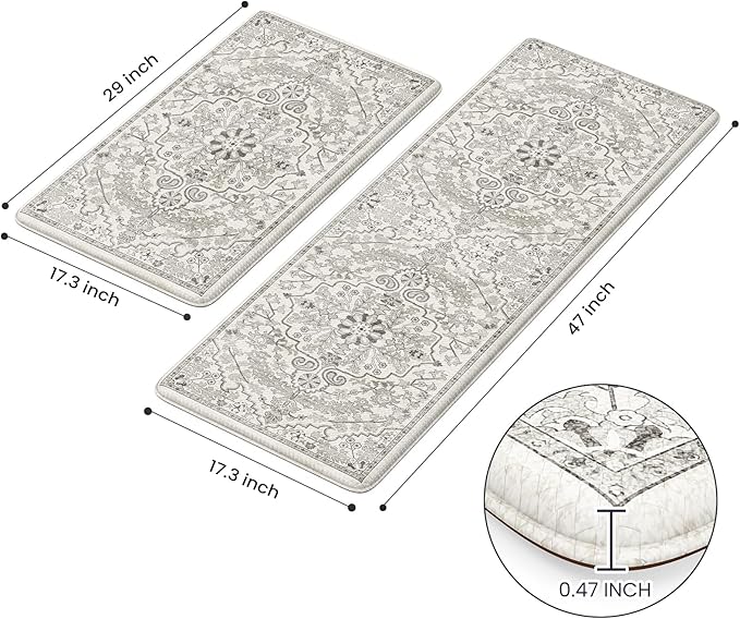 KIMODE Kitchen Mats Cushioned Anti Fatigue, Boho Vintage Grey Kitchen Rugs Sets of 2, Non-Slip Kitchen Mats for Floor, Padded Kitchen Floor Mat for Sink, Laundry, Office, Desk,17"x47"+17"x29"