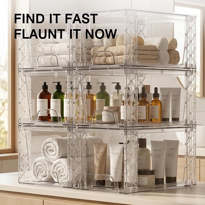 Bathroom Organizers and Storage Boxes 6 Pack, 7in Plastic Stackable Drawers Simply Assembled Containers Bins Suitable for Cosmetics, Kitchen, Cabinets, and Snack