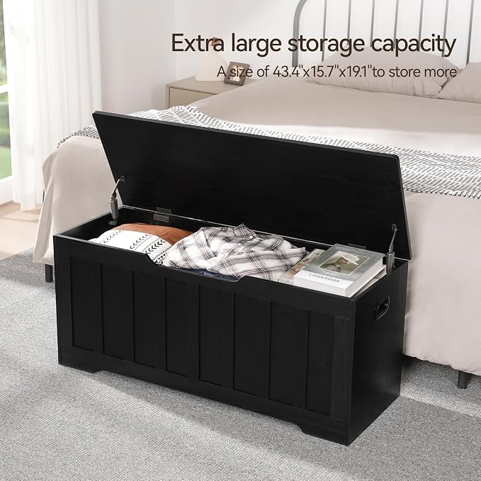 VANKILEY 43.3" Storage Chest Extra Large,Storage Trunk with 2 Safety Hinges,Wooden Storage Bench,Shoe Bench,43.3x15.7x19.1 Inch,Easy Assembly,Storage Bench for Bedroom,Living Room,entryway(Black).