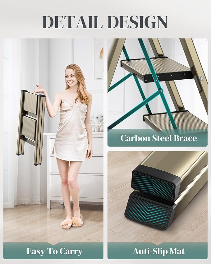2 Step Ladder, Folding Step Stool with Wider Pedal, Anti-Slip Feet & Non Slip Stripes, Aluminum Sturdy Material, 300Lbs Capacity, Elegant Look of Champagne Gold Better Matches Your Home