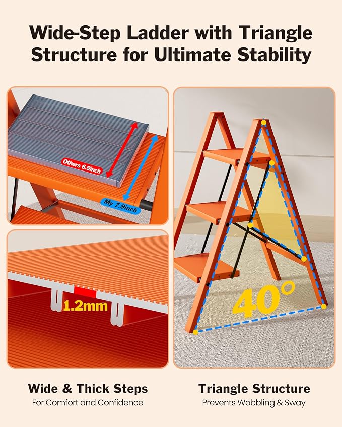 3 Step Ladder, Aluminum Lightweight Folding 3 Step Stool with Anti-Slip Wide Pedal, 330lbs Capacity Ladder for Household,Library,Office(Hermes Orange)